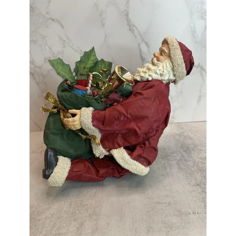 VTG Paper and Fabric Mache Santa Claus Sitting with Bag of Gifts Christmas Decor